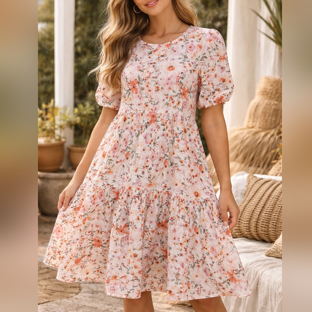 Mexx Pink Floral Midi Dress with Peach and Green Accents